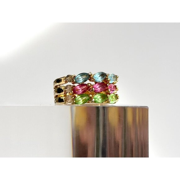 18k Gold HGE Multi Gemstone Triple Row Cocktail Vintage Ring - sz 6 - Picture 3 of 10